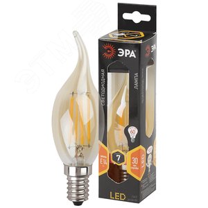 Лампа светодиодная филаментная F-LED BXS-7W-827-E14 gold (филамент, свеча на ветру золот., 7Вт, тепл, E14 (10/100/2800)