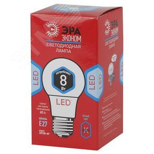 Лампа светодиодная ECO LED A60-8W-840-E27 (диод, груша, 8Вт, нейтр, E27) (10/100/1200) Б0019067 ЭРА - 2