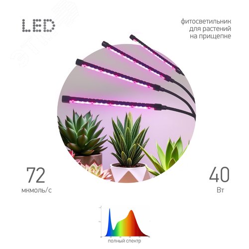 Светильник светодиодный для растений на прищепке полного спектра 40 Вт FITO-40W-АLED-RaL - фото 2
