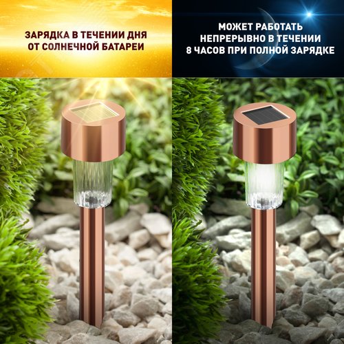 Светильник уличный SL-SS30-CPR-M на солнечной батарее, нержавеющая сталь, медный, 32 см (комплект 12 шт. под МП) - фото 9