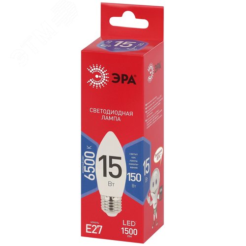 Лампа светодиодная ЭРА RED LINE LED B35-15W-865-E27 R 15Вт свеча холодный дневной свет Е27 - фото 3