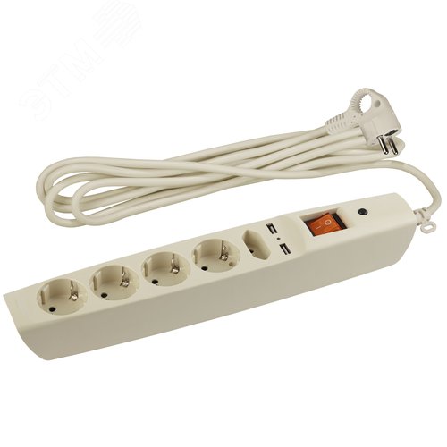 Изображение товара Фильтр сетевой слоновая кость с заземлением, 3x0.75 мм2, с выключателем, 5гн+2xUSB, 2м, кор 20/200 SFU-5es-2m-I (шт)