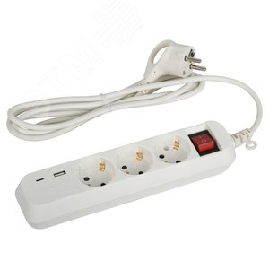 Изображение товара Удлинитель электрический UB-3es-1,5m-USB c заземлением с выключателем 3 розетки + 1xUSBA+1xUSBC 1,5м 10А (шт)