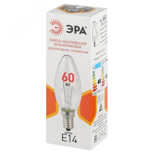 Лампа накаливания B-60-E14-230-CL 60Вт 230В свеча прозрачная цветная коробка Е14 - фото 3