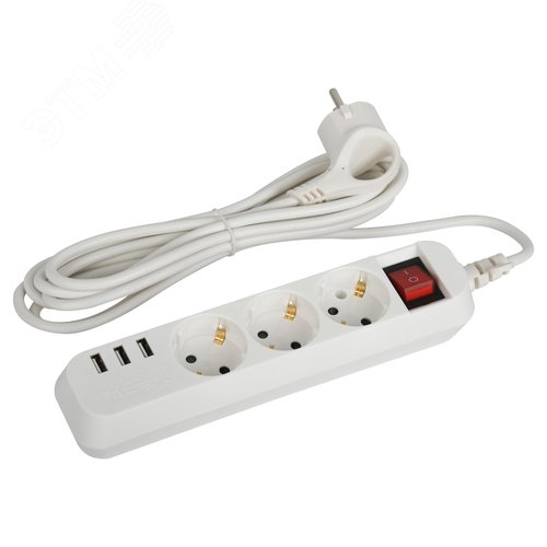 Изображение товара Удлинитель электрический U-3es-3m-USB c заземлением с выключателем 3 розетки + 3xUSBA 3м 10А (шт)