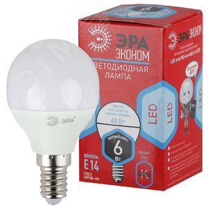Лампа светодиодная ECO LED P45-6W-840-E14 (диод, шар, 6Вт, нейтр, E14 (10/100/3000)