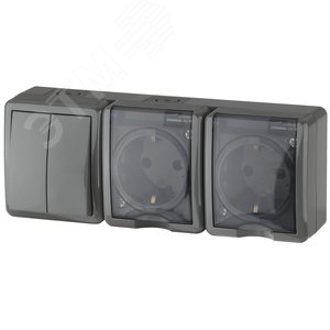 Изображение товара Блок две розетки+выключатель двойной IP54, 16A(10AX)-250В, ОУ, Эра Эксперт, серый, 11-7404-03 (шт)