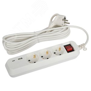 Изображение товара Удлинитель электрический UB-3es-5m-USB c заземлением с выключателем 3 розетки + 1xUSBA+1xUSBC 5м 10А (шт)