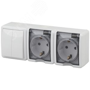 Изображение товара Блок две розетки+выключатель двойной IP54, 16A(10AX)-250В, ОУ, Эра Эксперт, белый, 11-7404-01 (шт)
