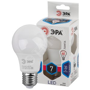 Лампа светодиодная LED A60-7W-840-E27 (диод, груша, 7Вт, нейтр, E27 (10/100/1500) Б0029820 ЭРА