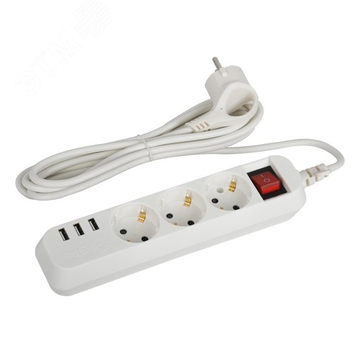 Изображение товара Удлинитель электрический U-3es-1,5m-USB c заземлением с выключателем 3 розетки + 3xUSBA 1,5м 10А (шт)