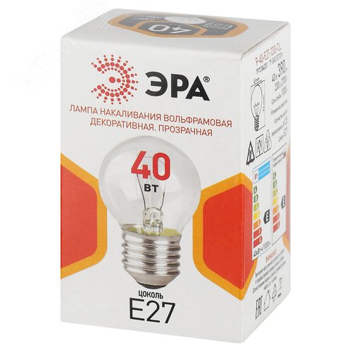 Лампа накаливания P-40-E27-230-CL 40Вт 230В шар прозрачный цветная коробка Е27 - фото 3