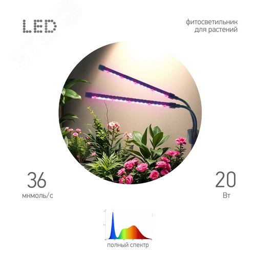 Светильник светодиодный настольный полного спектра 20 Вт для растений черный FITO-20W-АLED-Ra-USB - фото 2