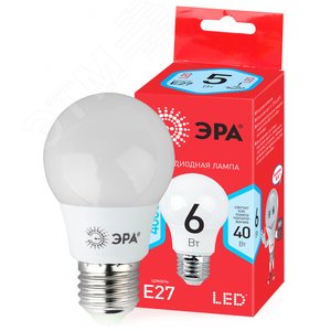Лампа светодиодная 6 Вт груша нейтральный белый свет RED LINE LED A55-6W-840-E27 R E27 / Е27 ЭРА