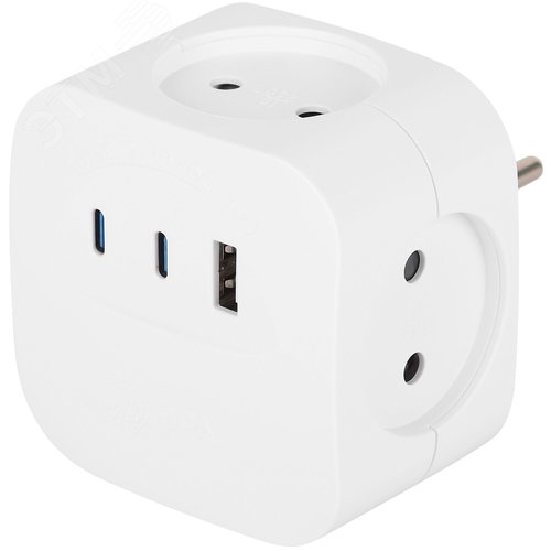 Изображение товара Разветвитель электрический 10А 4 розетки + 3 USB A+C со шторками белый SP-4-3USBAC-W (шт)