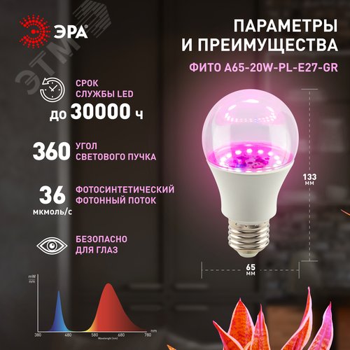 Фитолампа для растений светодиодная розового свечения LED 20 Вт ФИТО A65-20W-PL-E27-GR GREEN LINE - фото 3