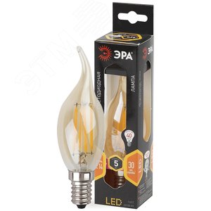 Лампа светодиодная филаментная F-LED BXS-5W-827-E14 gold (филамент, свеча на ветру золот., 5Вт, тепл, E14 (10/100/2800)