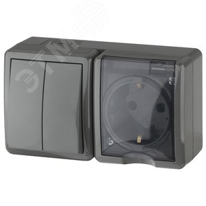 Изображение товара Блок розетка+выключатель двойной IP54, 16A(10AX)-250В, ОУ, Эра Эксперт, серый, 11-7402-03 (шт)