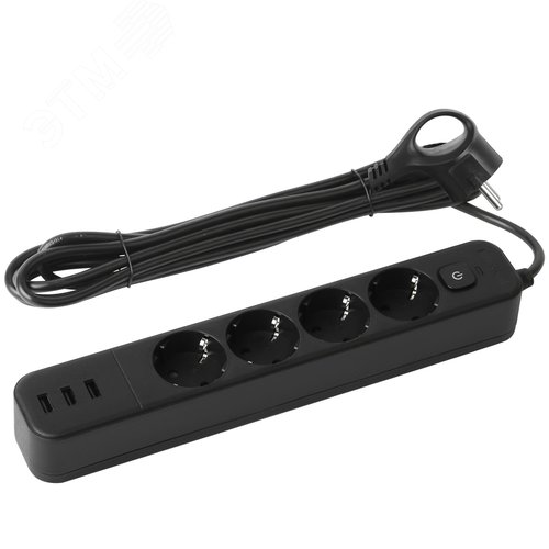 Изображение товара Фильтр сетевой USF-4es-1,5m-3xUSBA-B с базовой защитой с заземлением с выключателем 4 розетки+3xUSBA 3,1A 1,5м 10А (шт)