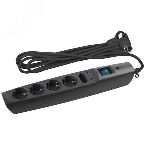 Изображение товара Фильтр сетевой черный с заземл, 3x0.75 мм2, со шт, с выкл, 5гн+2xUSB, 2м, кор 20/240 SFU-5es-2 м-B (шт)