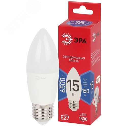 Лампа светодиодная ЭРА RED LINE LED B35-15W-865-E27 R 15Вт свеча холодный дневной свет Е27 - фото 2