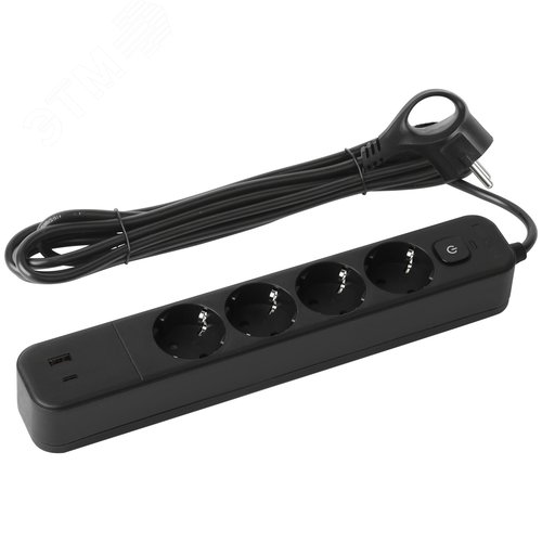 Изображение товара Фильтр сетевой USF-4es-3m-2xUSBAC-B с базовой защитой с заземлением с выключателем 4 розетки+2xUSBA+C 2,4A 3м 10А (шт)