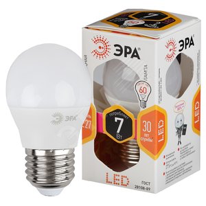 Лампа светодиодная Эра LED P45-7W-827-E27 (диод, шар, 7Вт, тепл, E27)