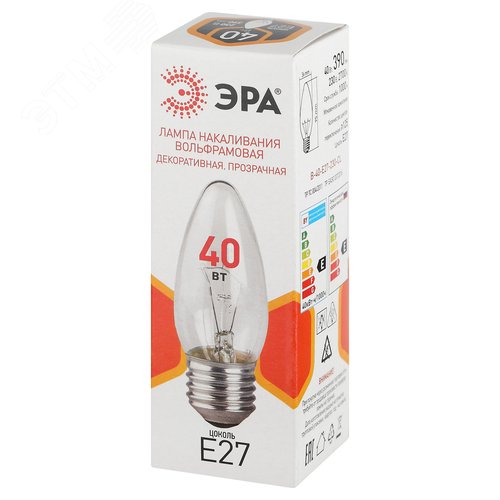 Лампа накаливания 40Вт 230В свеча прозрачная цветная коробка Е27B-40-E27-230-CL - фото 3