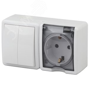 Изображение товара Блок розетка+выключатель двойной IP54, 16A(10AX)-250В, ОУ, Эра Эксперт, белый, 11-7402-01 (шт)