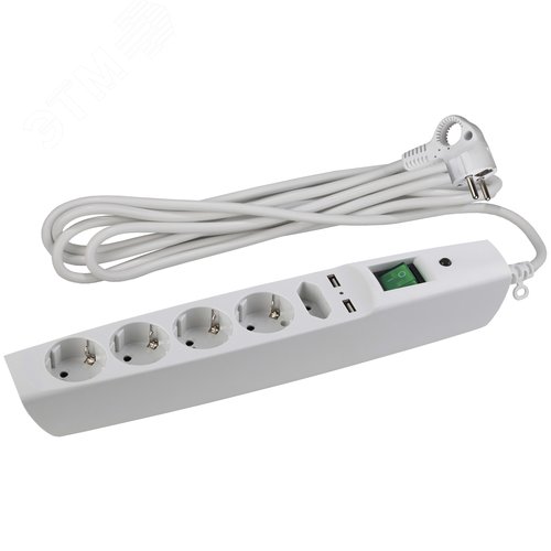 Изображение товара Фильтр сетевой белый с заземлением, 3x0.75мм2, со шт, с выкл, 5гн+2xUSB, 2м, кор 20/200 SFU-5es-2 м-W (шт)