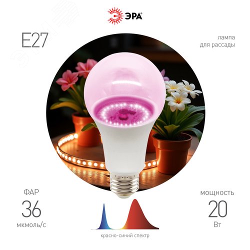Фитолампа для растений светодиодная розового свечения LED 20 Вт ФИТО A65-20W-PL-E27-GR GREEN LINE - фото 2