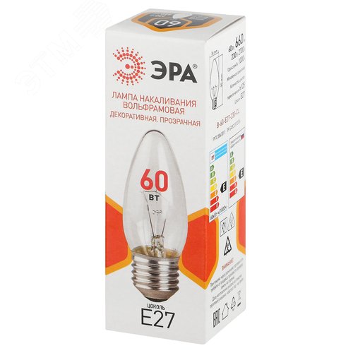 Лампа накаливания B-60-E27-230-CL 60Вт 230В свеча прозрачная цветная коробка Е27 - фото 3