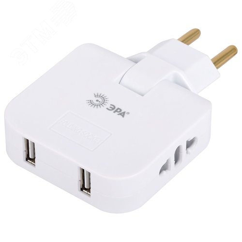 Изображение товара Тройник электрический поворотный на 2 розетки + 2USB 10А белый SPF-2-FL-USB (шт)