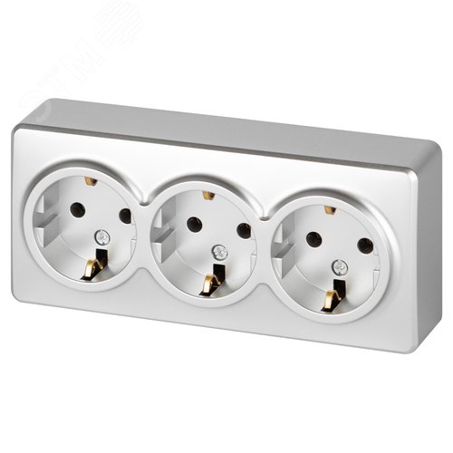 Изображение товара Розетка однофазная тройная наружная (открытой установки) с заземлением со шторками алюминий 16А 250В IP 20 винтовые клеммы 11-2208-03 Эра Эксперт (шт)