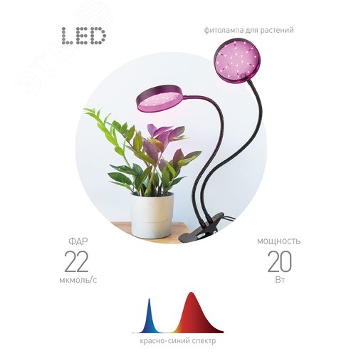 Светильник для растений на прищепке FITO-20W-АLED-R красно-синего спектра 20 Вт черный - фото 6