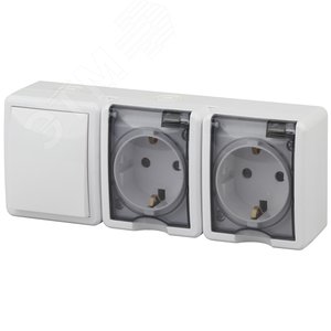 Изображение товара Блок две розетки+выключатель IP54, 16A(10AX)-250В, ОУ, Эра Эксперт, белый, 11-7403-01 (шт)