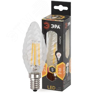 Лампа светодиодная филаментная F-LED BTW-5W-827-E14 (филамент, свеча витая, 5Вт, тепл, E14 (10/100/2800)