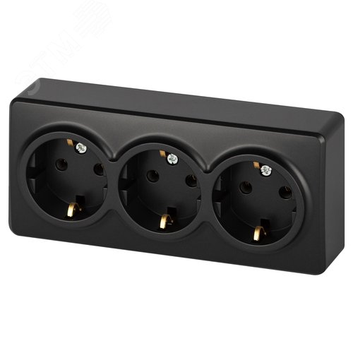 Изображение товара Розетка однофазная тройная наружная (открытой установки) с заземлением со шторками антрацит 16А 250В IP 20 винтовые клеммы 11-2208-05 Эра Эксперт (шт)
