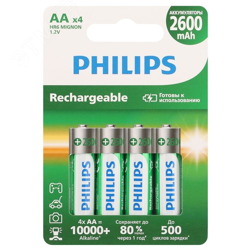 Изображение товара Аккумулятор NiMH никель-металлгидридный HR6-4BL 2600mAh Philips R6B4RTU260/51 АА 1,2v (шт)