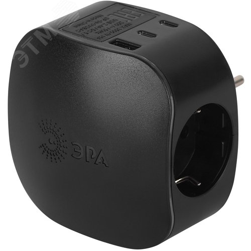 Изображение товара Разветвитель электрический 16А 3 розетки + 3 USB A+C с заземлением со шторками черный SP-3e-3USBAC-B (шт)