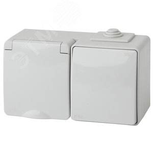 Изображение товара Блок розетка+выкл. гориз. IP65, 16A(10AX)-250В, ОУ, Эра Эксперт, серый, 11-7601-03 (шт)