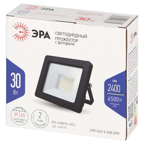 Прожектор светодиодный ДО-30 Вт 6500К 2400 Лм IP65 встроенное фотореле 200-240В черный корпус 30w холодный LPR-042-3-65K-030 - фото 7