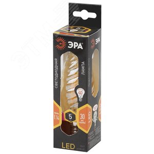 Лампа светодиодная филаментная F-LED BTW-5W-827-E14 gold (филамент, свеча витая золот., 5Вт, тепл, E14 (10/100/2800) Б0027941 ЭРА - 2