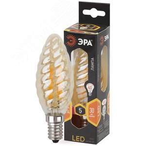Лампа светодиодная филаментная F-LED BTW-5W-827-E14 gold (филамент, свеча витая золот., 5Вт, тепл, E14 (10/100/2800)