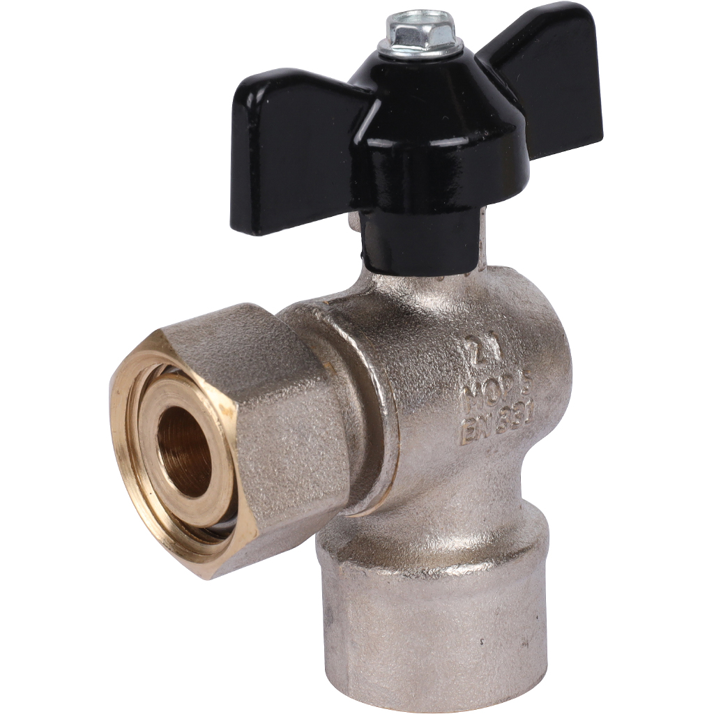 Кран шаровой с накидной гайкой угловой, ВР/накидная гайка, ручка бабочка 1/2x1/2