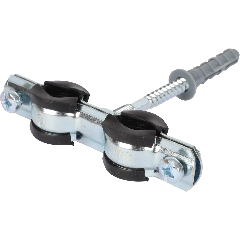 Двойной хомут для труб, комплект хомут+шпилька шуруп +дюбель пластиковый 3/8' (15-19)