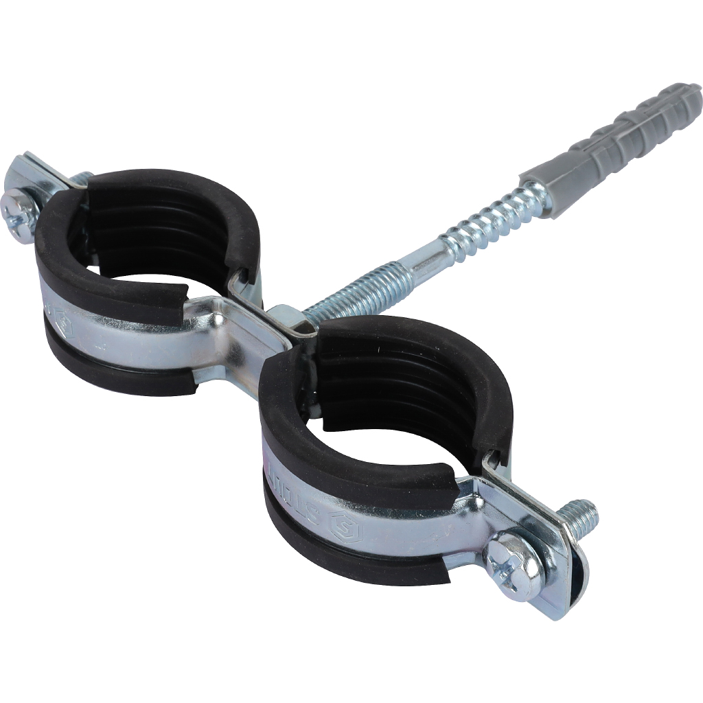 Двойной хомут для труб, комплект хомут+шпилька шуруп +дюбель пластиковый 1' (32-35)