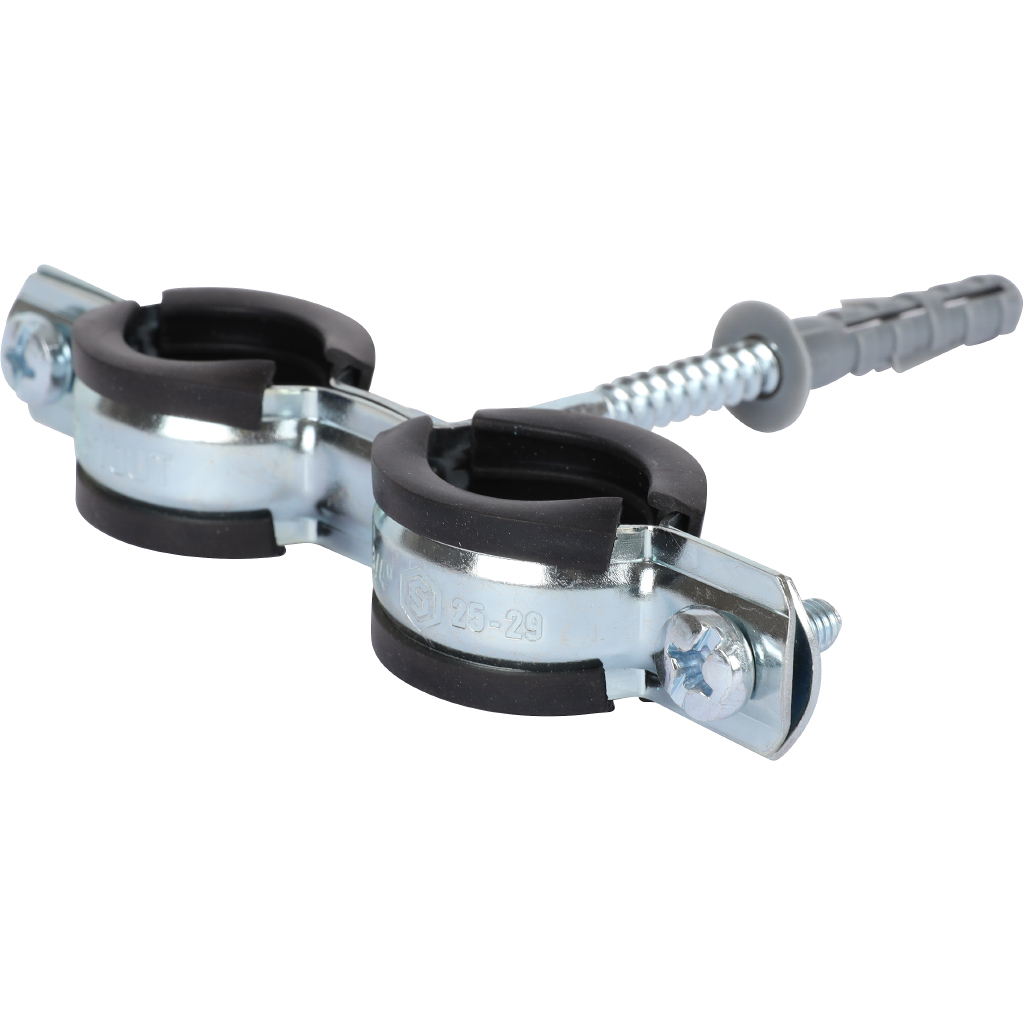 Двойной хомут для труб, комплект хомут+шпилька шуруп +дюбель пластиковый 3/4' (25-29)