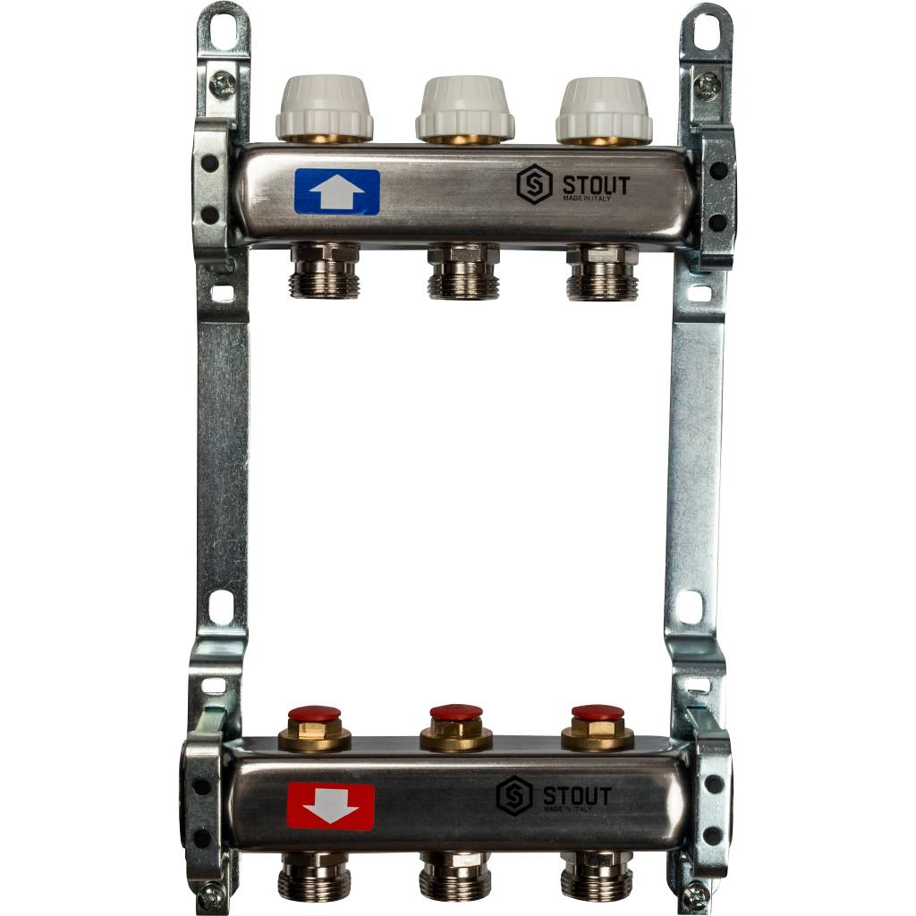 Блок коллекторный с ручными регулировочными клапанами 1'x3 выходов 3/4' НР евроконус