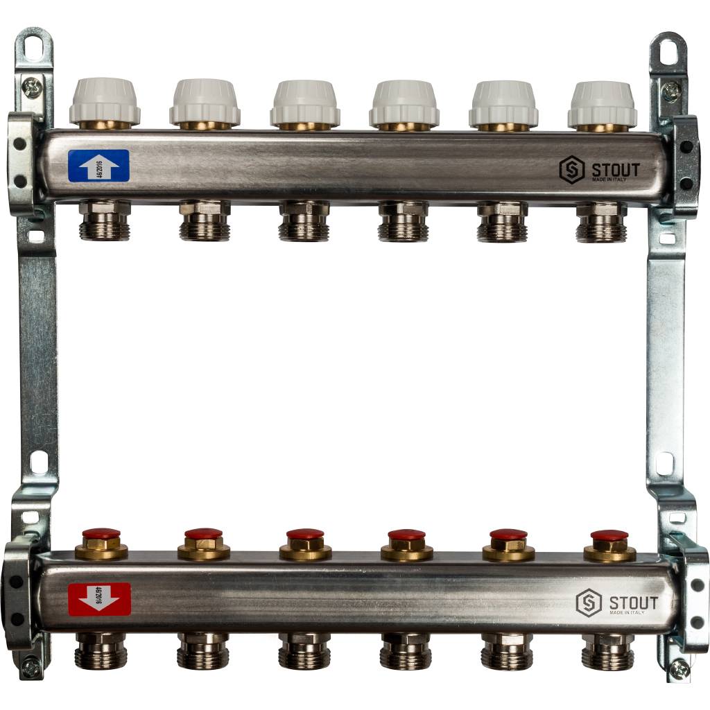 Блок коллекторный с ручными регулировочными клапанами 1'x6 выходов 3/4' НР евроконус